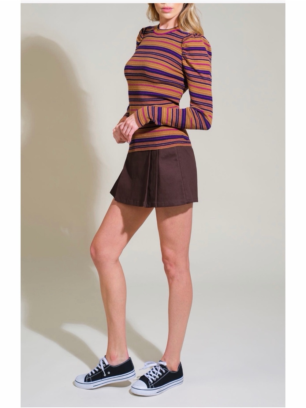 NWT-Flying Tomato Striped Puff-Sleeve Ribbed Top in Mustard & Purple - Picture 6 of 6